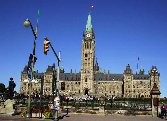 The Federal Parliament building in Ottawa is a magnificent building with a massive clock tower in the centre