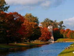 Trent Canal with fall-coloured trees and the Peterborough Liftlock