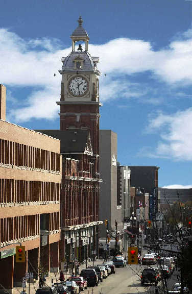 downtown Peterborough's George Street with Market Hall clock tower as focal point