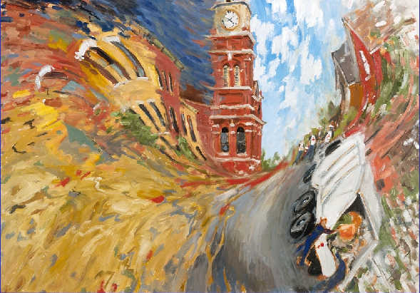 abstract painting capturing several elements of Peterborough with a more realistic Market Hall clock tower in the centre