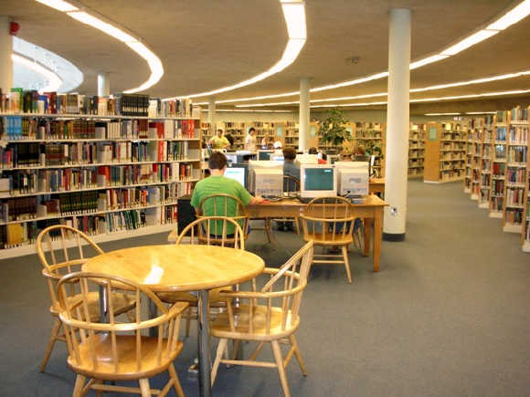 Man using public computer station surrounded by shelves full of books in the Peterborough Public Library