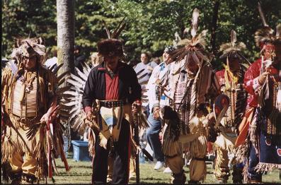several members of the Curve Lake First Nation in traditional clothing for annual Pow-wow